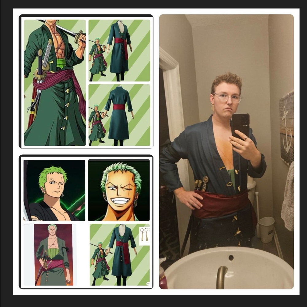 Men's Green Anime-Inspired Jacket and accessories